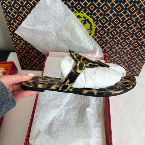 Tory Burch Miller Printed Patent Sandal Natural Leopard Size 5 Tan Brown Black
